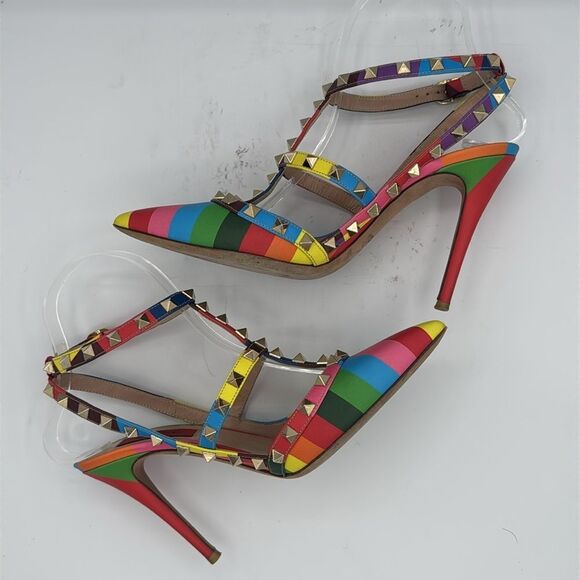 Valentino Garavani 1973 Rainbow Chevron Rockstud T-Strap Heels EU37.5/ US 7.5 - Picture 10 of 16